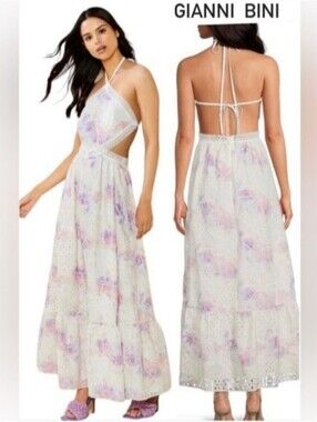 NWT Gianni Bini Delaney embroidered eyelet halter neck maxi dress